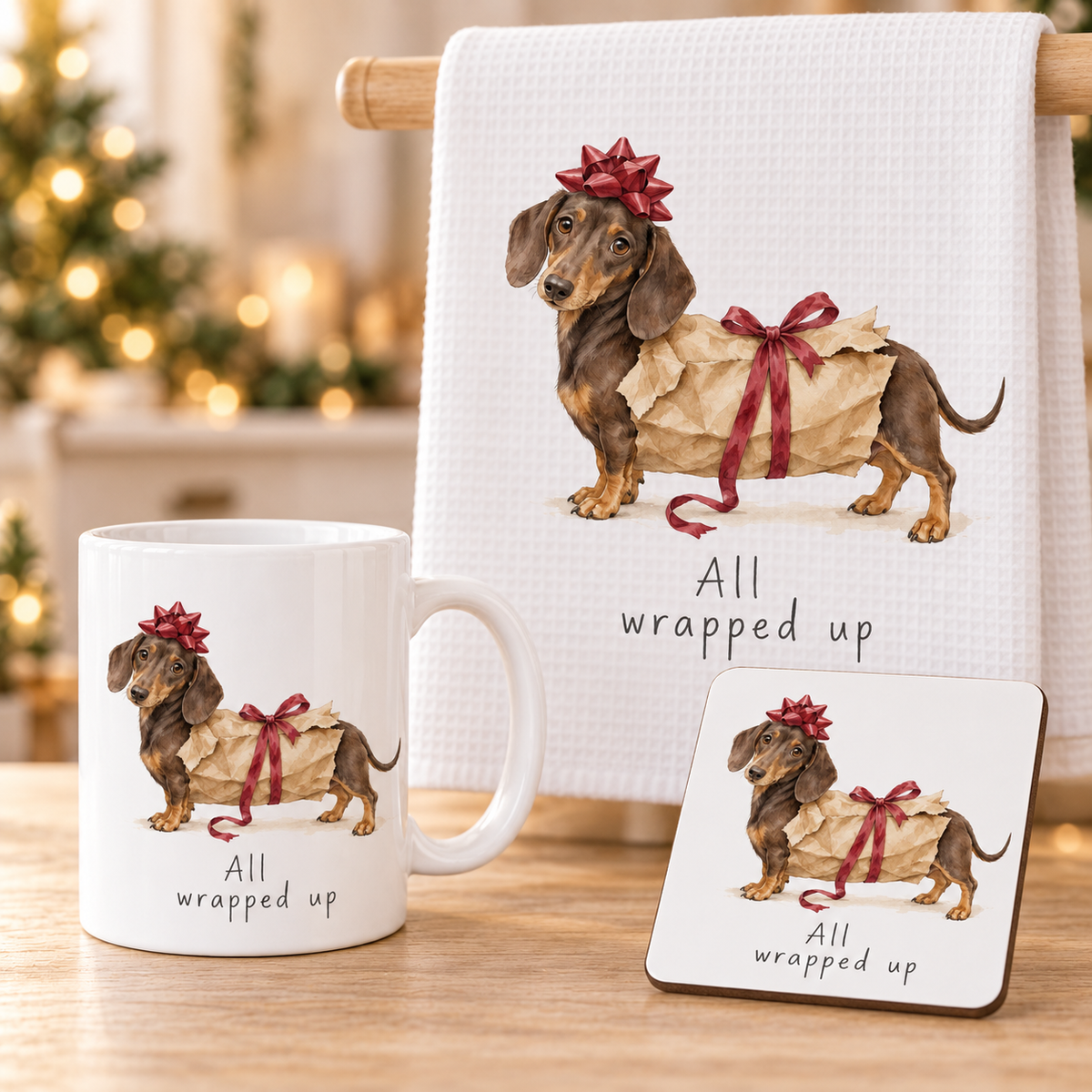 Christmas Mug, Coaster & Tea Towel Gift Set – Mouse or Dachshund
