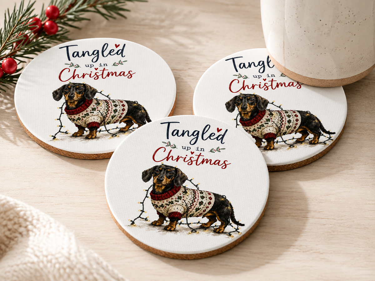 Tangled Up in Christmas Dog Coasters – Set of 4