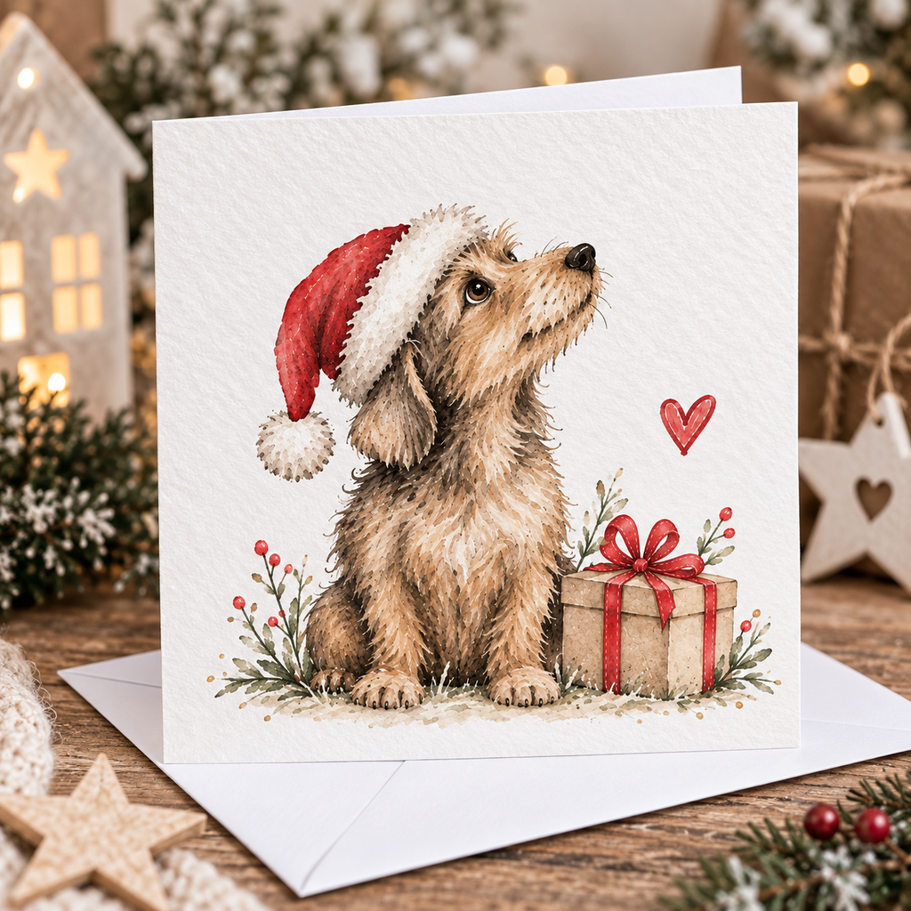 Pack of 4 Cute Dog Christmas Cards | 6x6 Hammered Cards & Envelopes