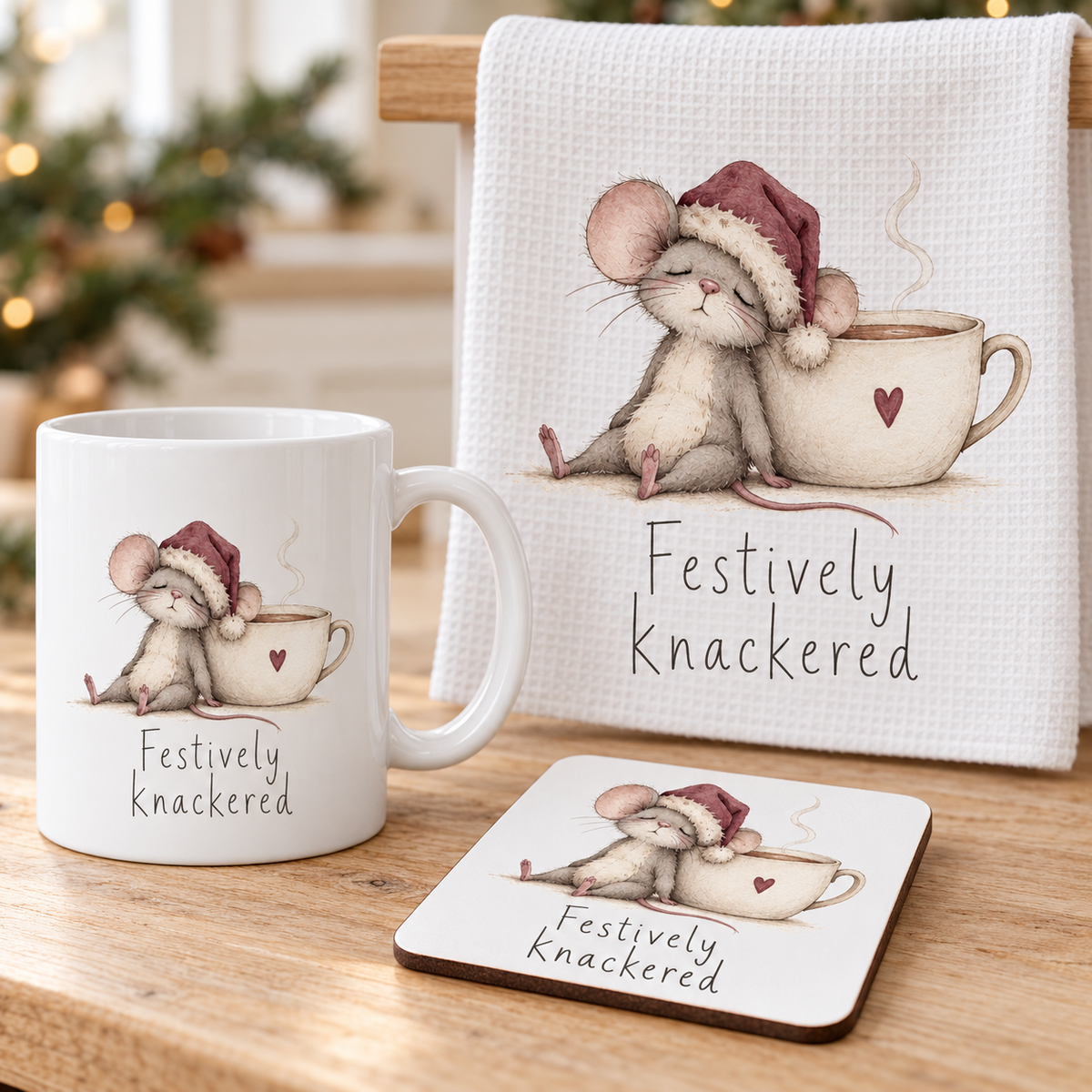 Christmas Mug, Coaster & Tea Towel Gift Set – Mouse or Dachshund