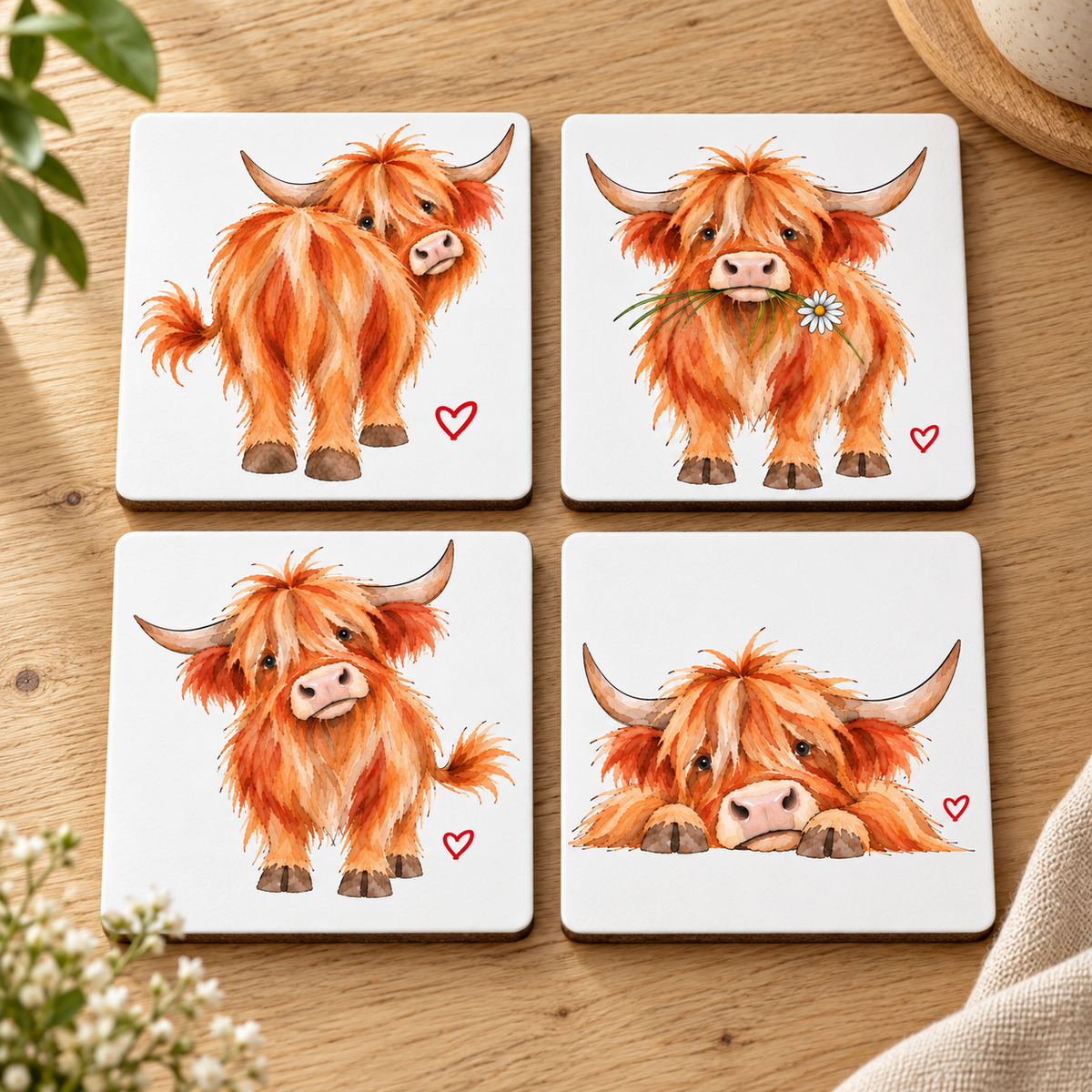 Highland Cow Coasters – Set of 4