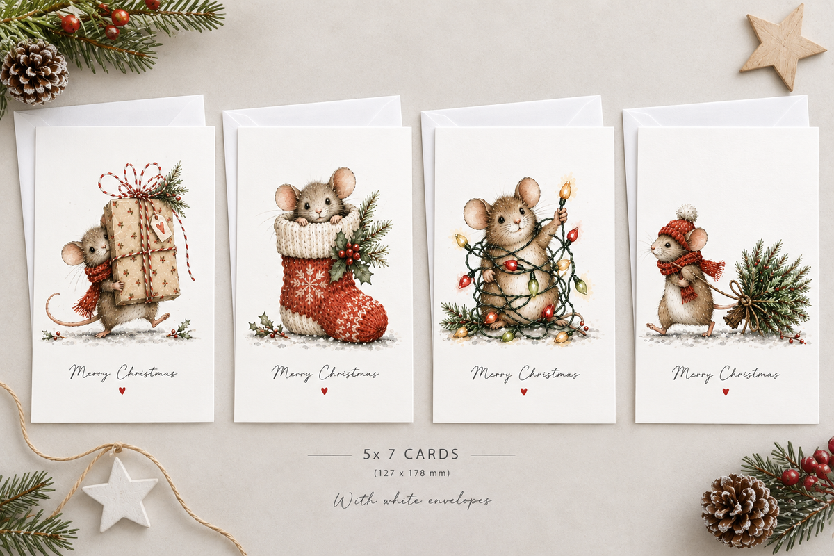 4 Pack of Christmas Cards - Cute Mouse Design