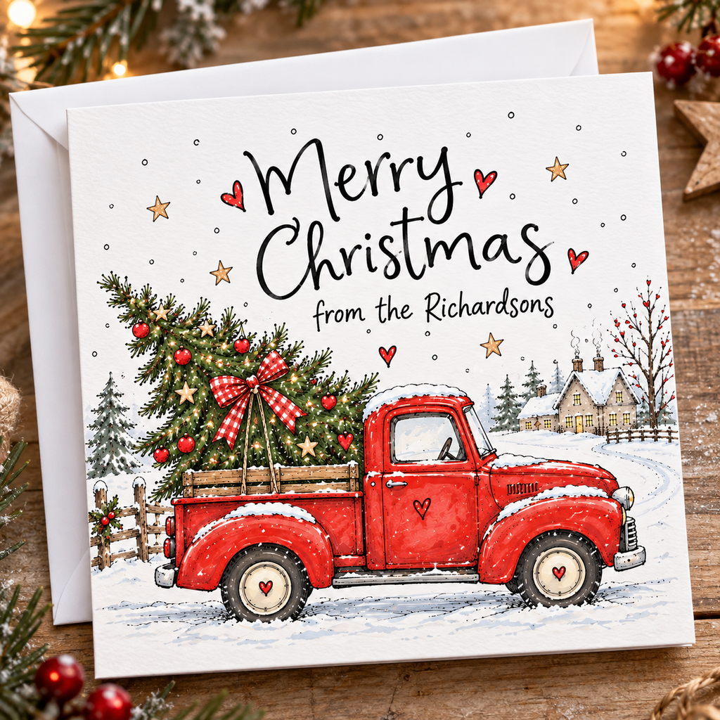 Personalised Red Truck Christmas Cards – Pack of 4 | 6x6