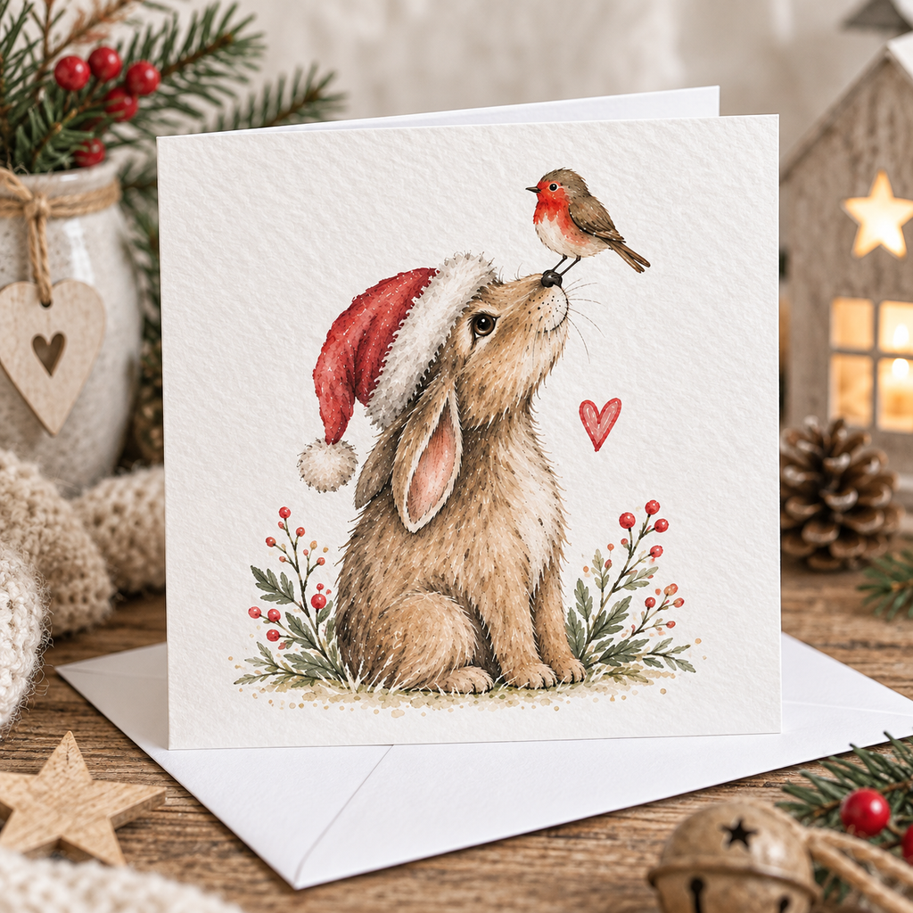 Pack of 4 Cute Rabbit Christmas Cards | 6x6 Hammered Cards & Envelopes
