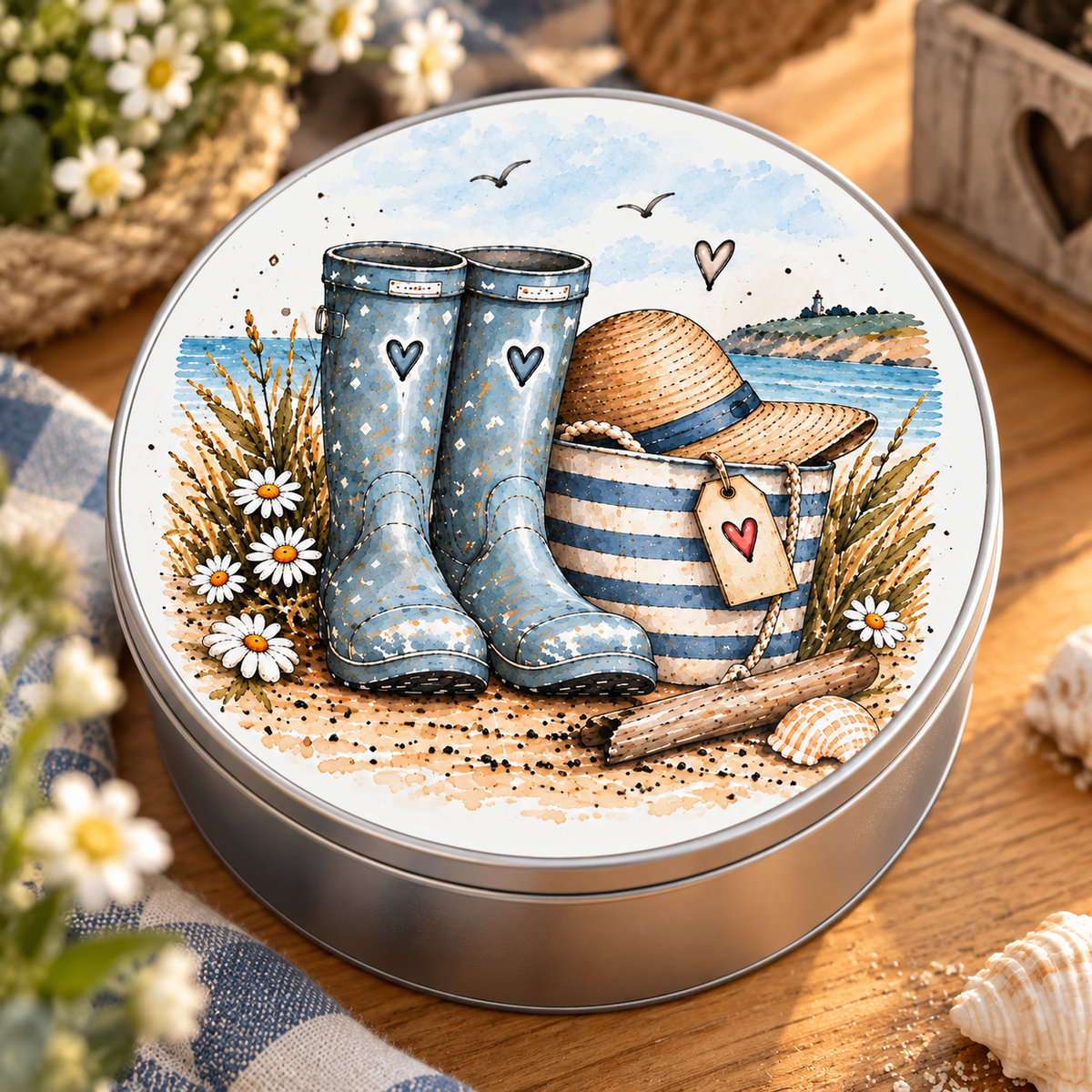 Seaside Round Storage Tin – Choice of 4 Coastal Designs