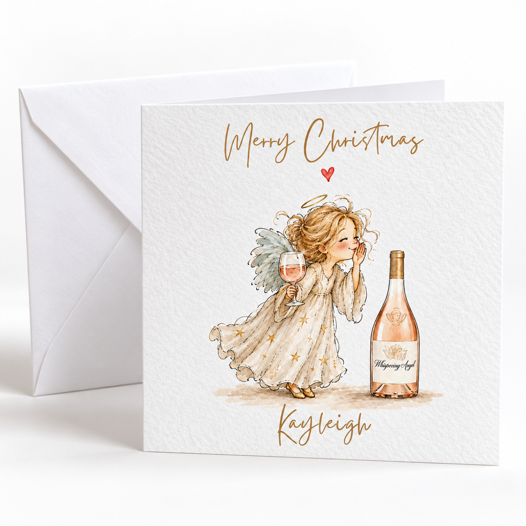 Personalised Whispering Angel Wine Lover Christmas Card